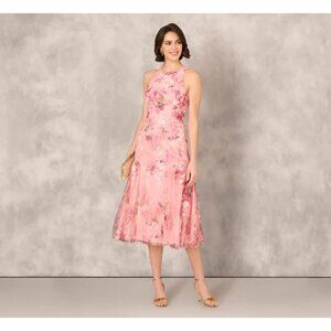 Aidan Mattox By Adrianna Papell Pink Floral Embroidered Midi Dress Size 16 Made